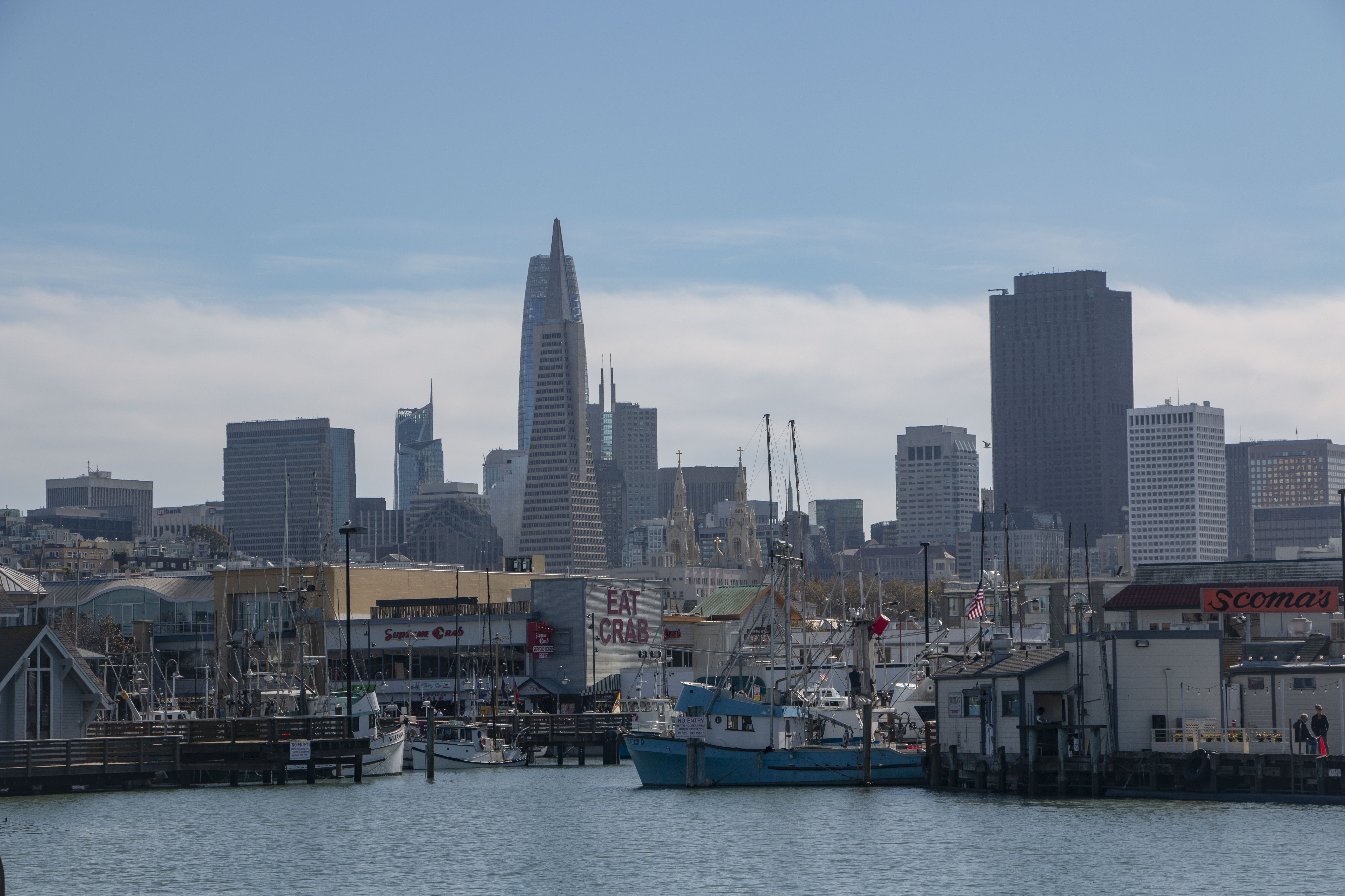 Pier 45 is full of ships and seafood restaurants